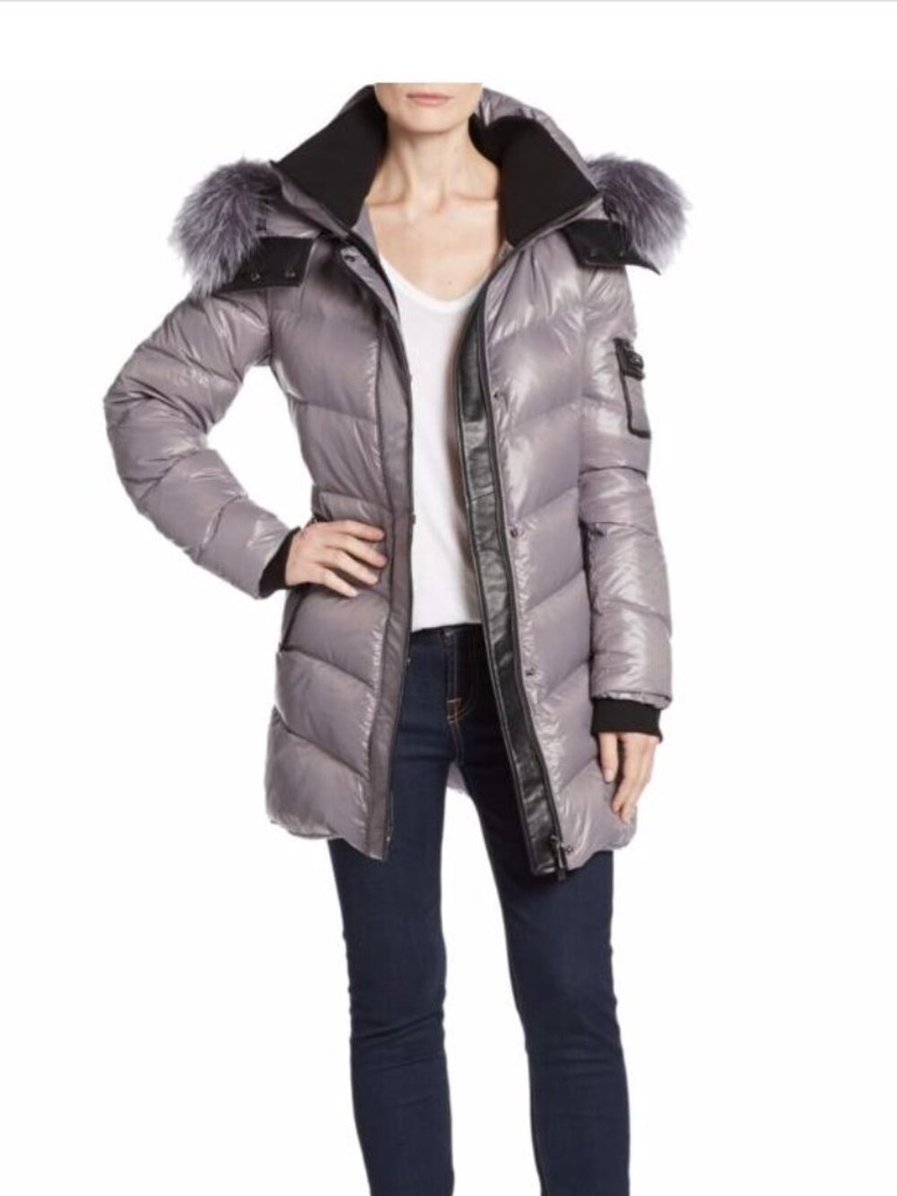 Badgley Mischka Women M Gray Down Puffer Coat Real Fox Fur Hood Leather Trim